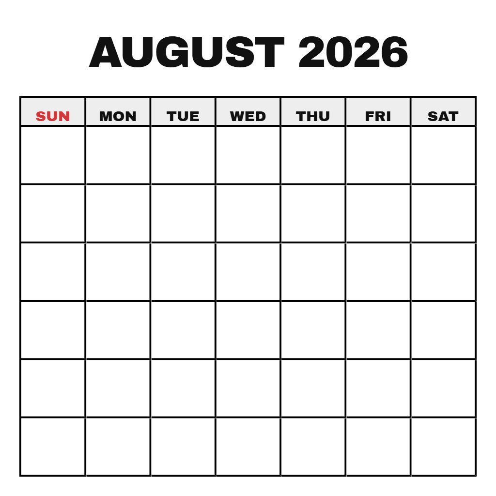 Printable Monthly Calendar August 2026 Blank PDF Download