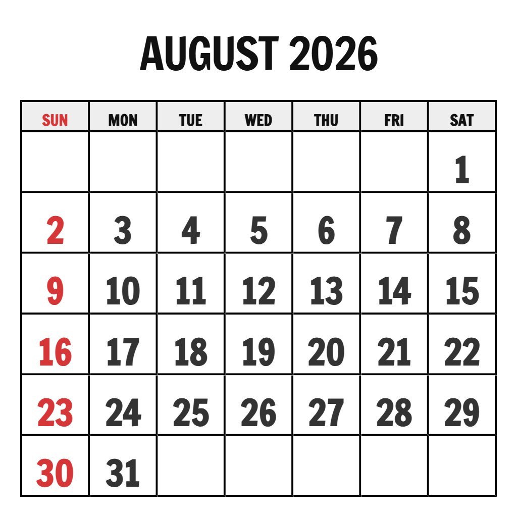 Printable Monthly Calendar August 2026 PDF Download