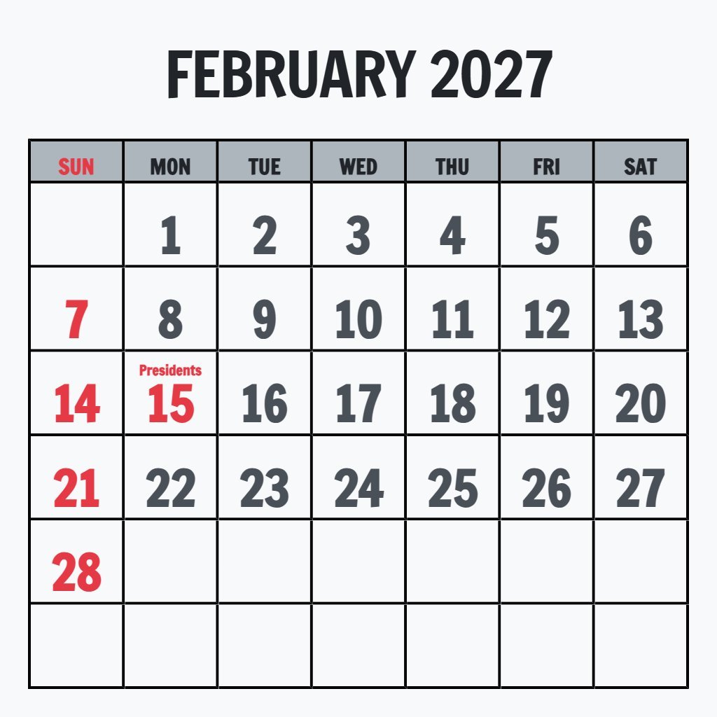 Editable Printable Monthly Calendar February 2027 Planning PDF Download