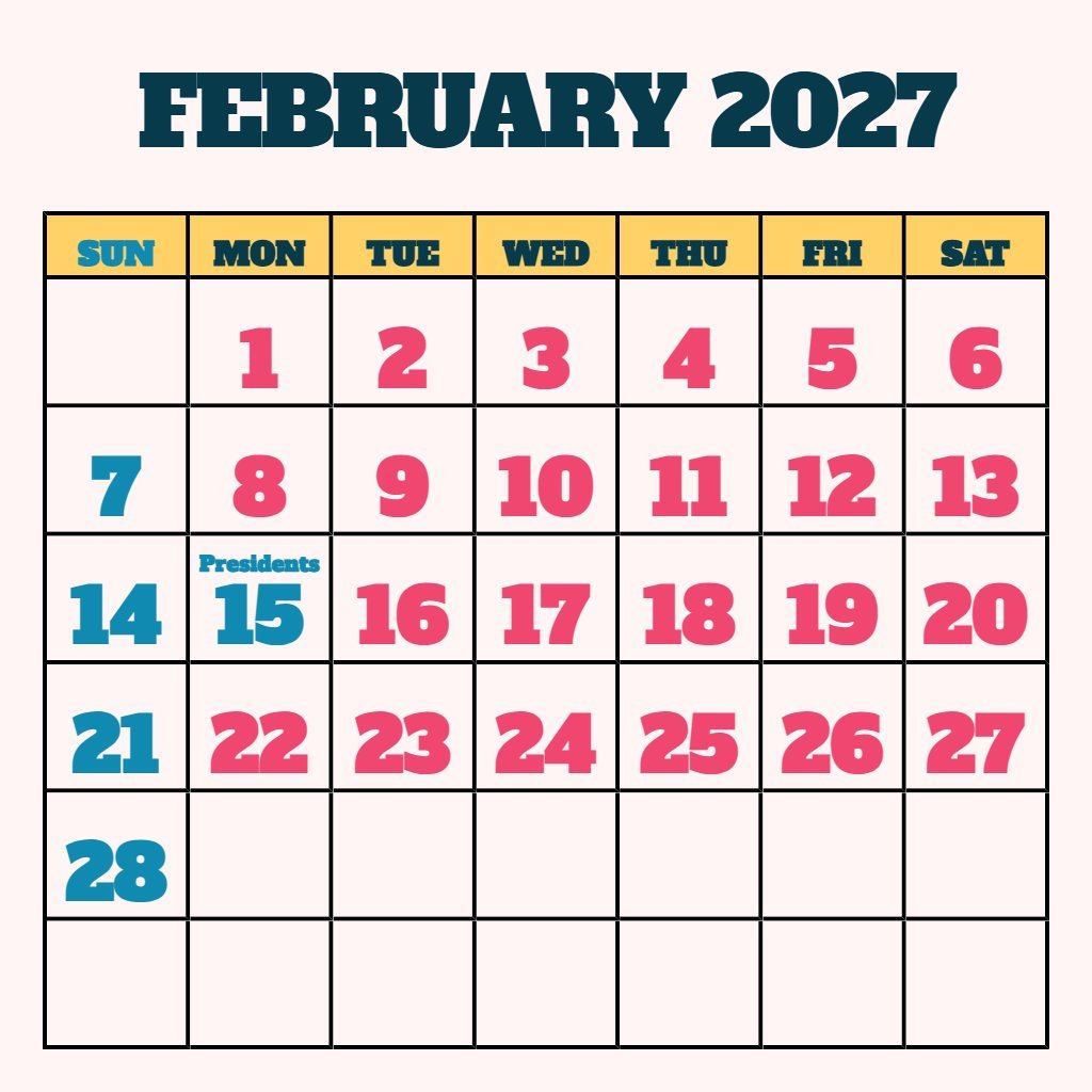 Editable Printable Monthly Calendar February 2027 Schedule PDF Download
