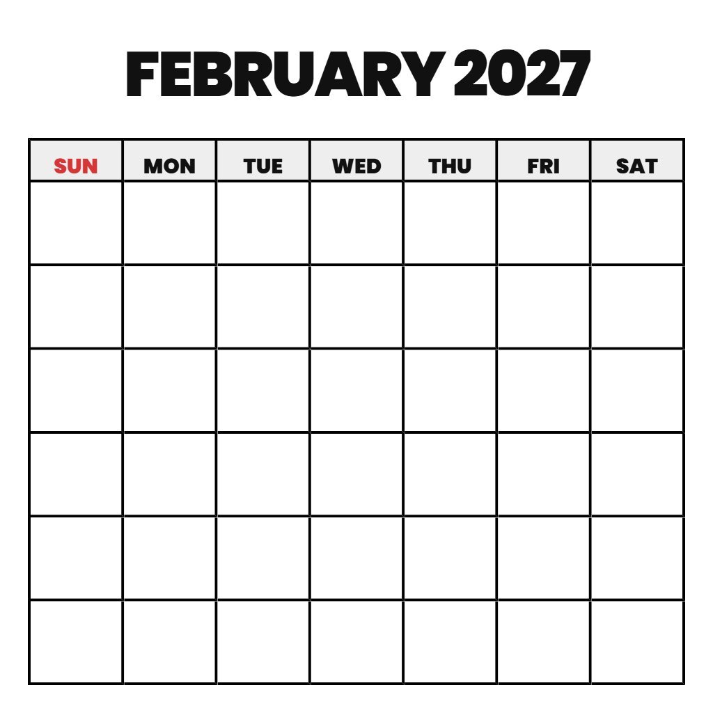 Printable Monthly Calendar February 2027 Blank PDF Download