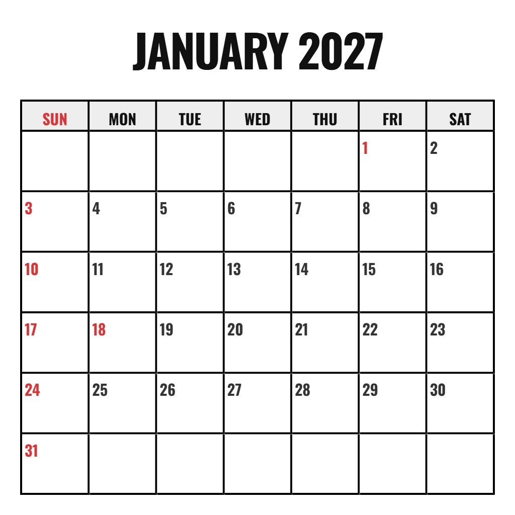 Editable Printable Monthly Calendar January 2027 Schedule PDF Download