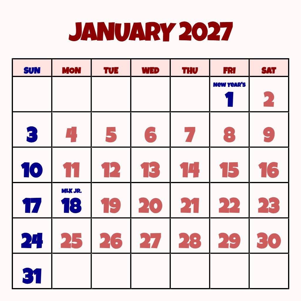 Cute Printable Monthly Calendar January 2027 Notes PDF Download