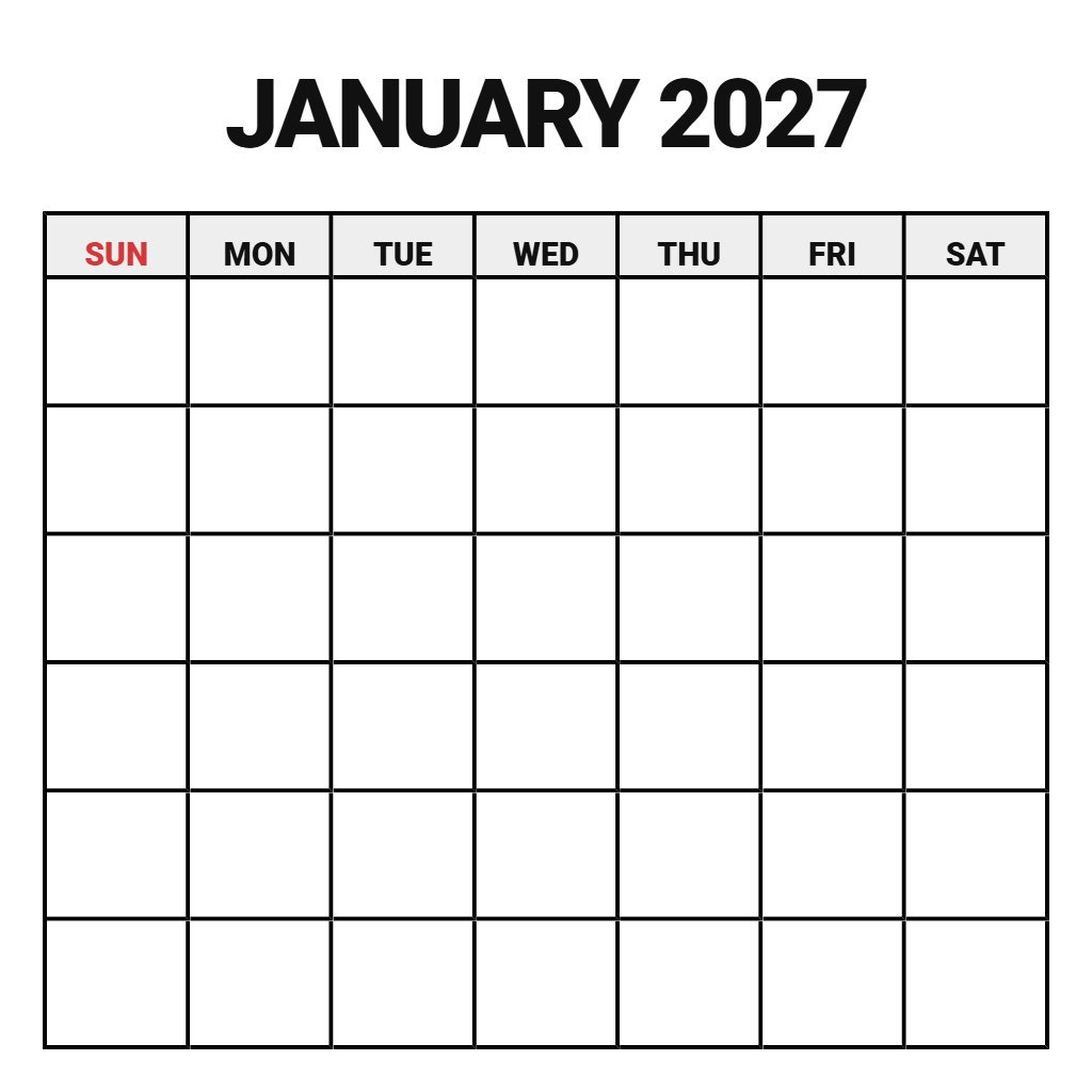 Printable Monthly Calendar January 2027 Blank PDF Download