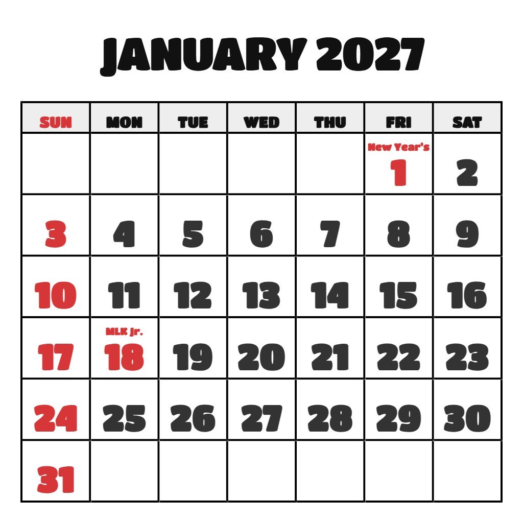 Printable Monthly Calendar January 2027 PDF Download