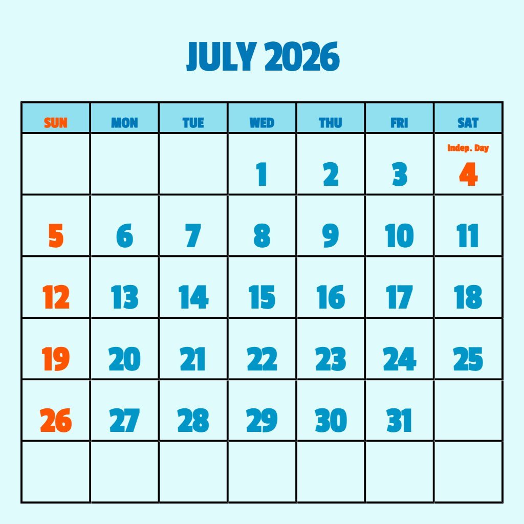 Cute Printable Monthly Calendar July 2026 Wallpaper PDF Download Cute Printable Monthly Calendar July 2026 Wallpaper PDF Download