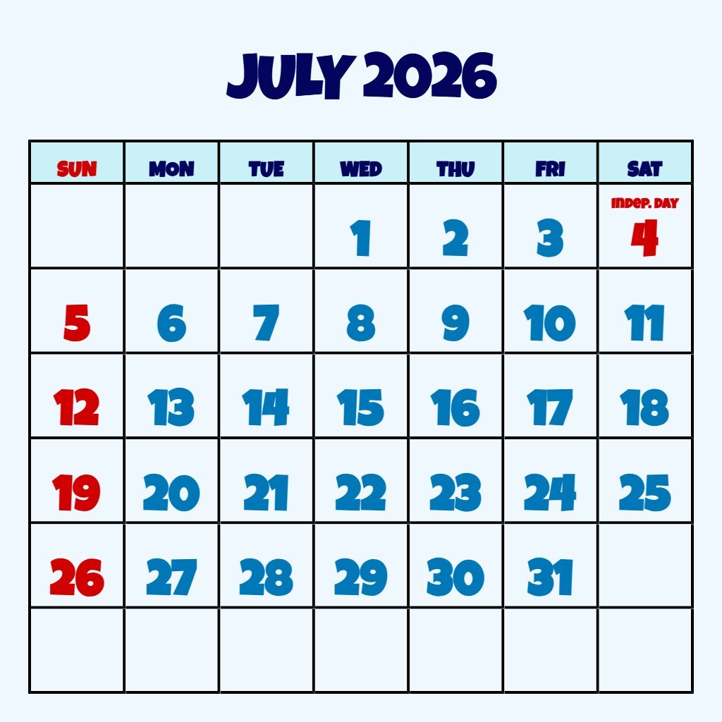 Custom Printable Monthly Calendar July 2026 Planning PDF Download Custom Printable Monthly Calendar July 2026 Planning PDF Download