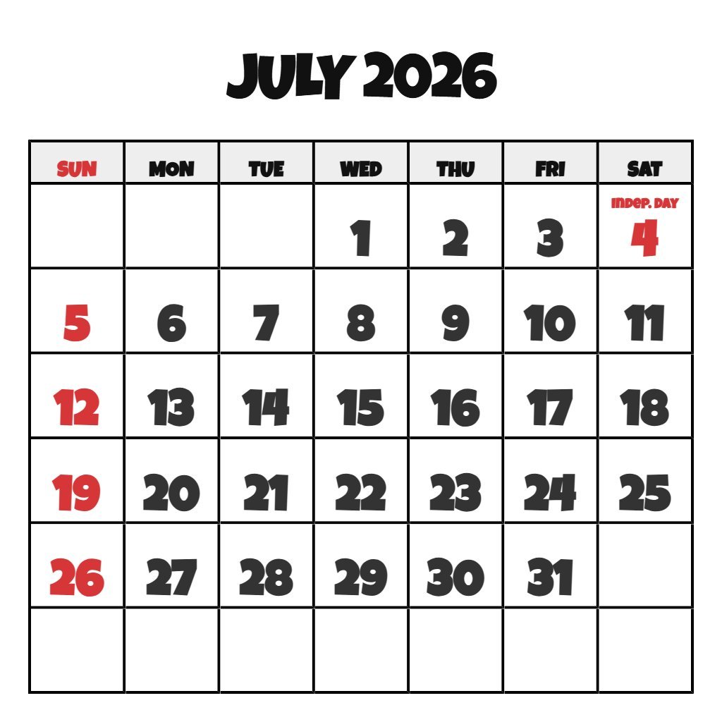 Printable Monthly Calendar July 2026 Printable Monthly Calendar July 2026 PDF Download