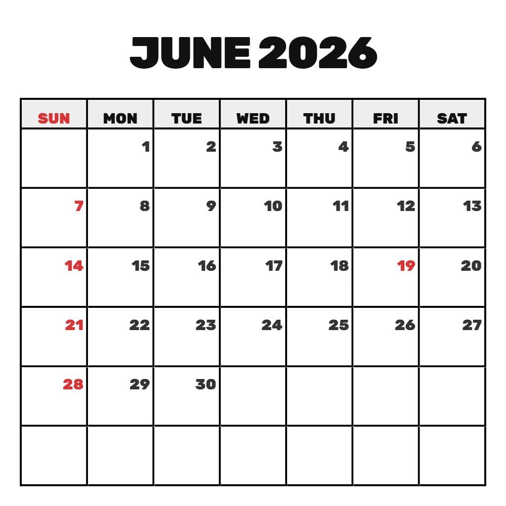 Free Printable Monthly Calendar June 2026 Wallpaper PDF Download