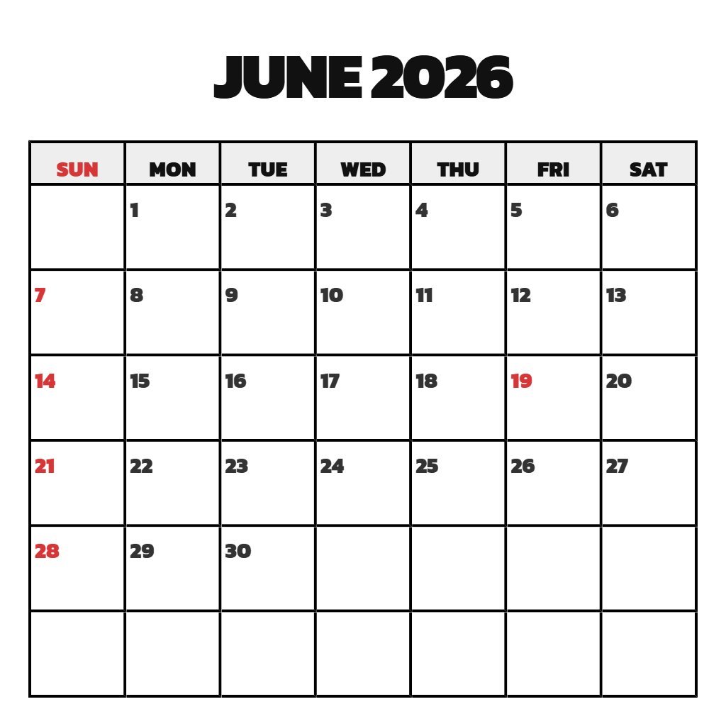 Custom Printable Monthly Calendar June 2026 Planning PDF Download