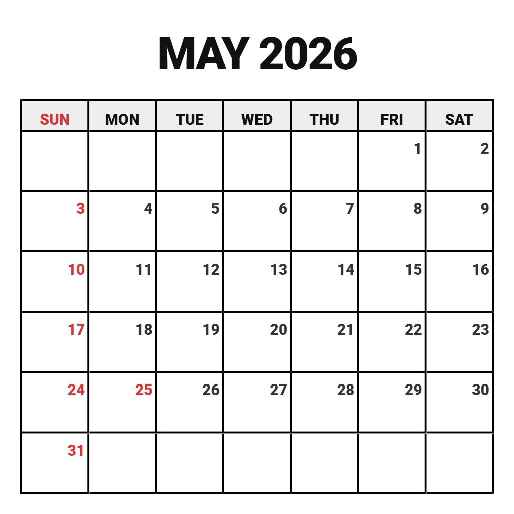 Cute Printable Monthly Calendar May 2026 Schedule PDF Download