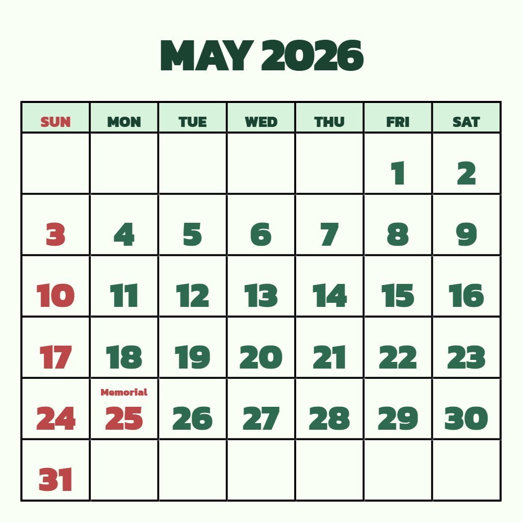 Cute Printable Monthly Calendar May 2026 Planning PDF Download