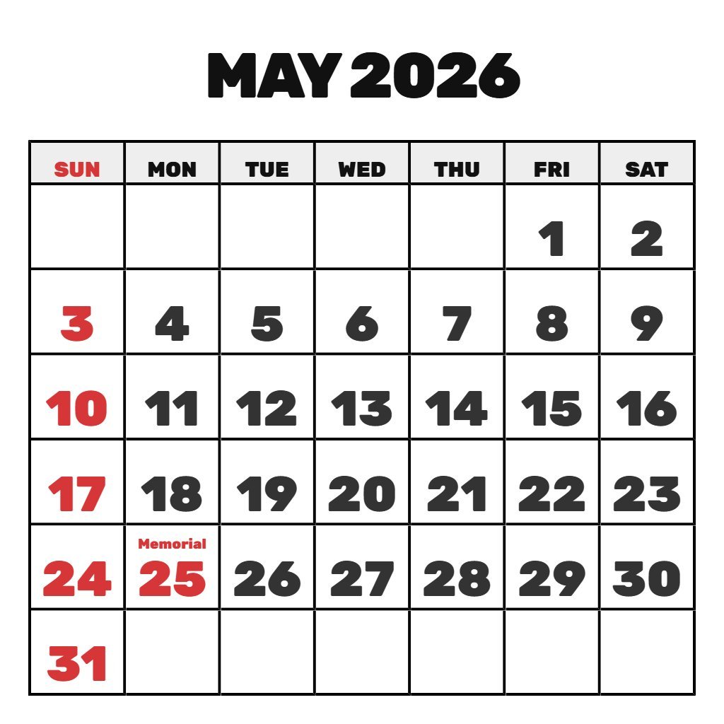 Printable Monthly Calendar May 2026 PDF Download