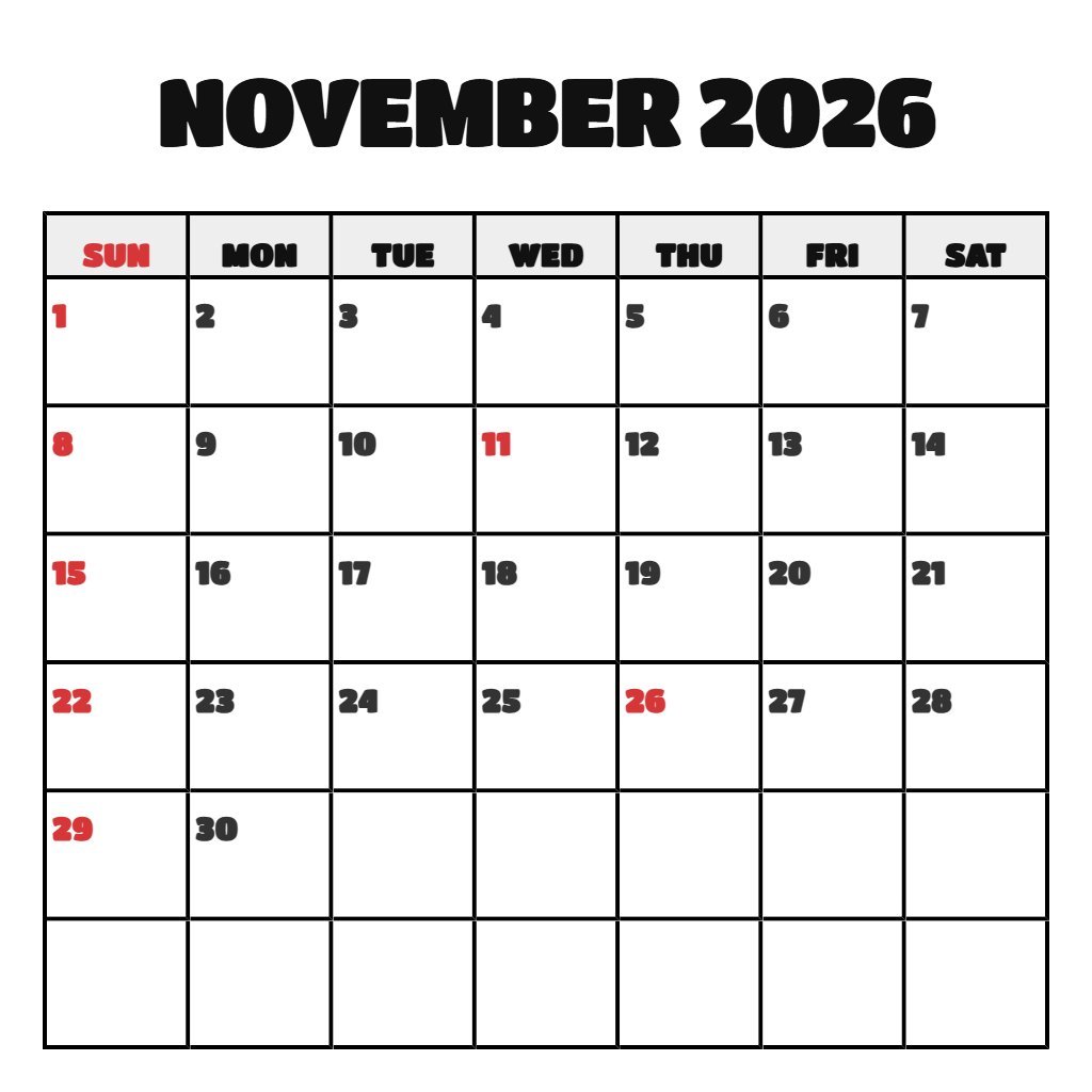 Custom Printable Monthly Calendar November 2026 Wallpaper PDF Download