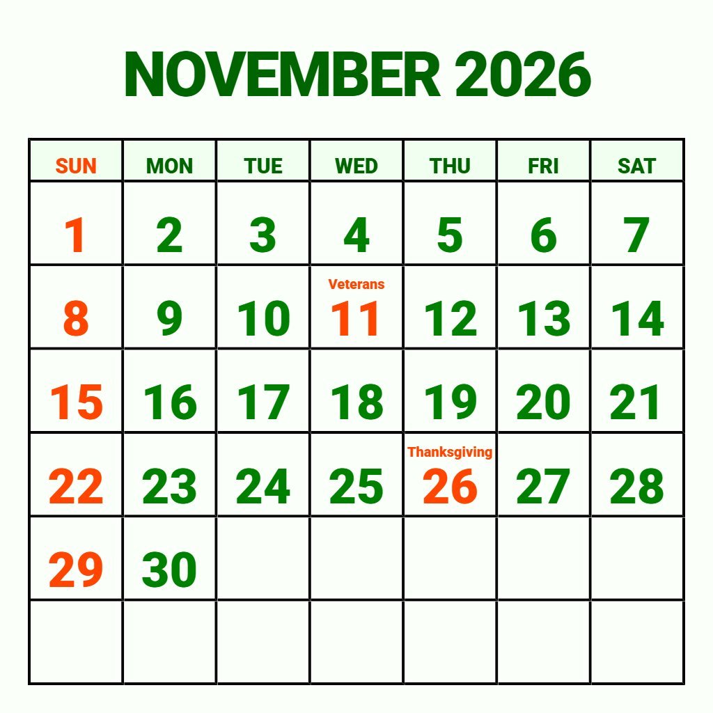 Custom Printable Monthly Calendar November 2026 Planning PDF Download