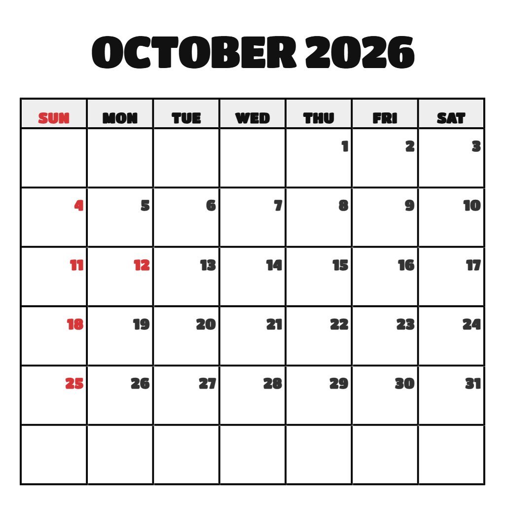 Editable Printable Monthly Calendar October 2026 Notes PDF Download