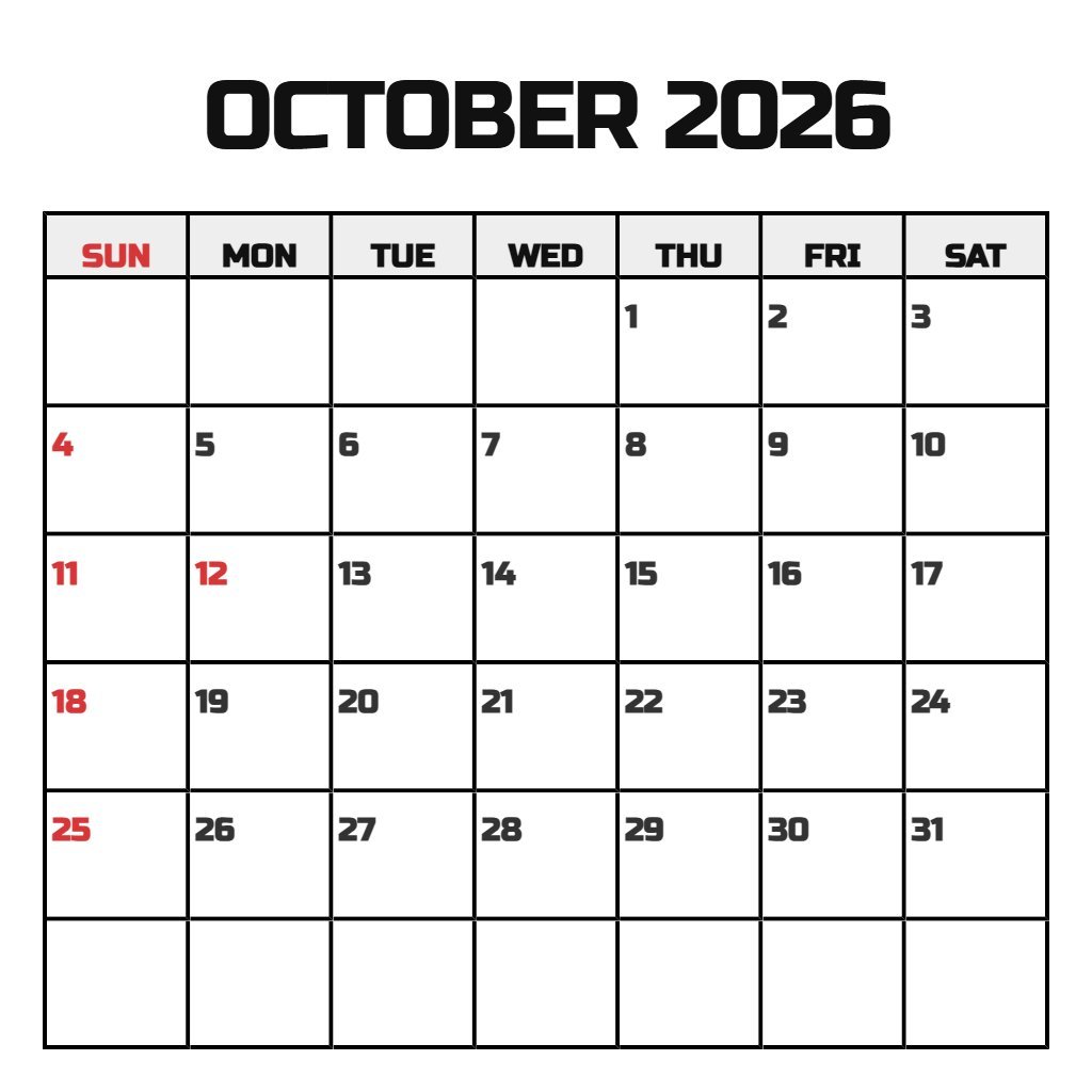Free Printable Monthly Calendar October 2026 Schedule PDF Download
