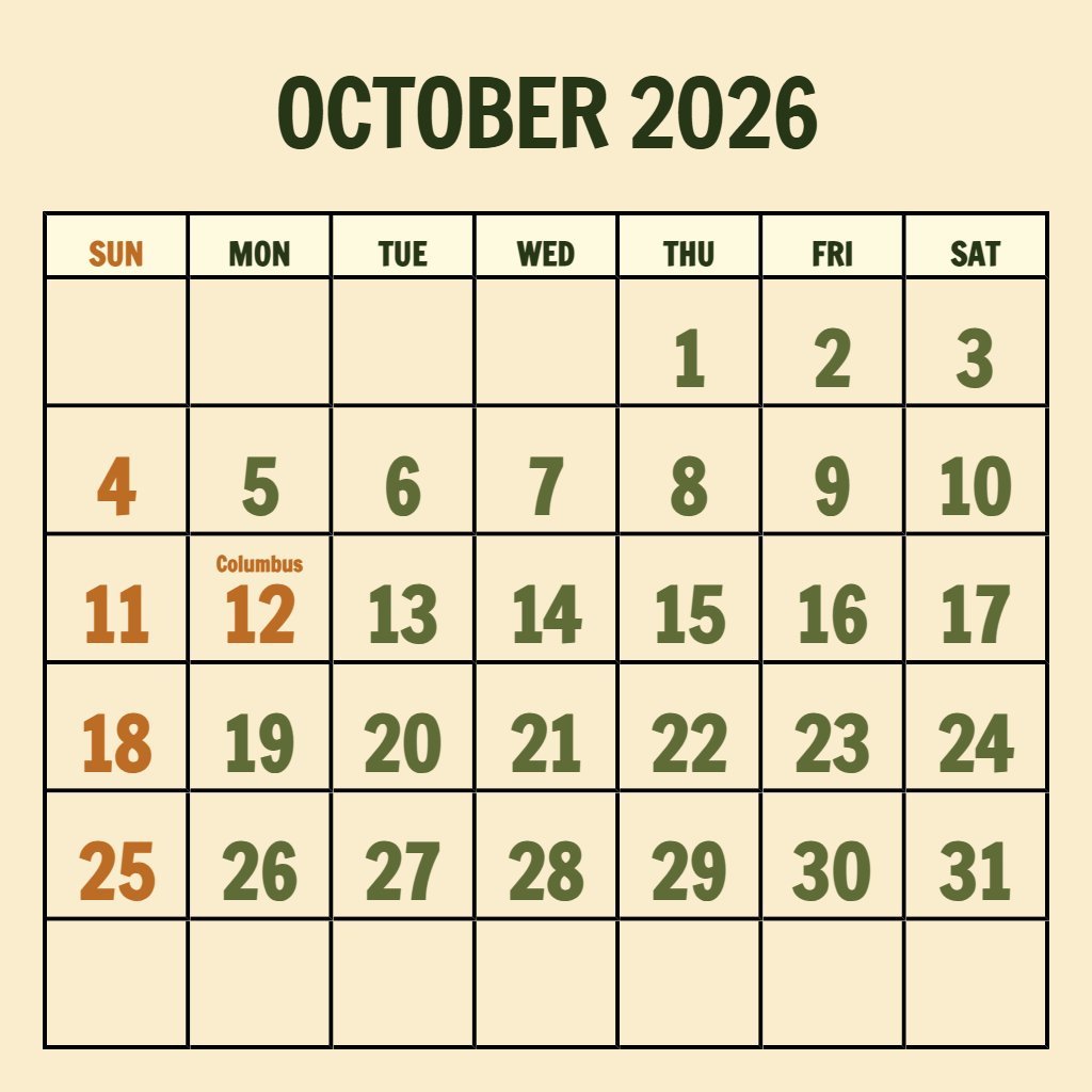 Custom Printable Monthly Calendar October 2026 Wallpaper PDF Download