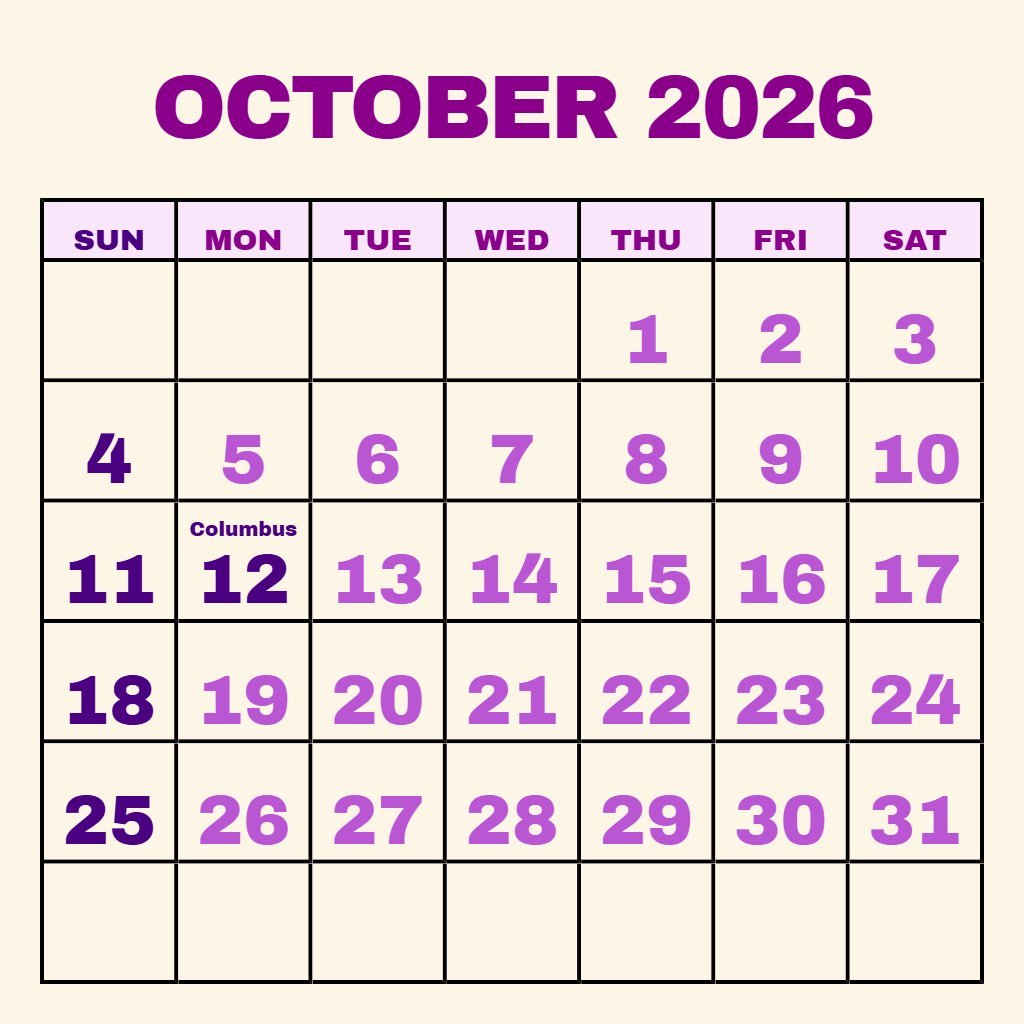 Free Printable Monthly Calendar October 2026 Notes PDF Download