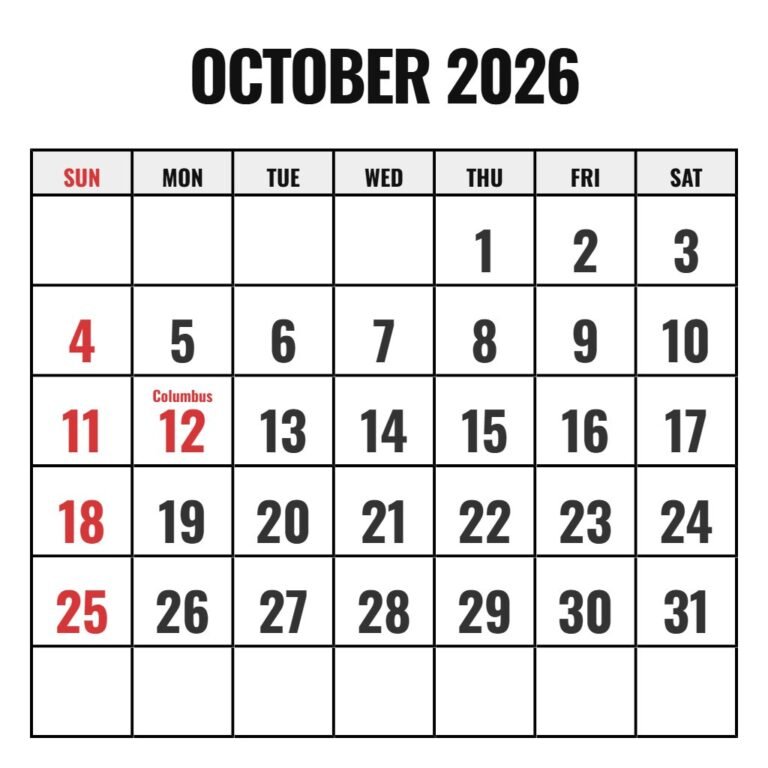 Printable Monthly Calendar October 2026 PDF Download