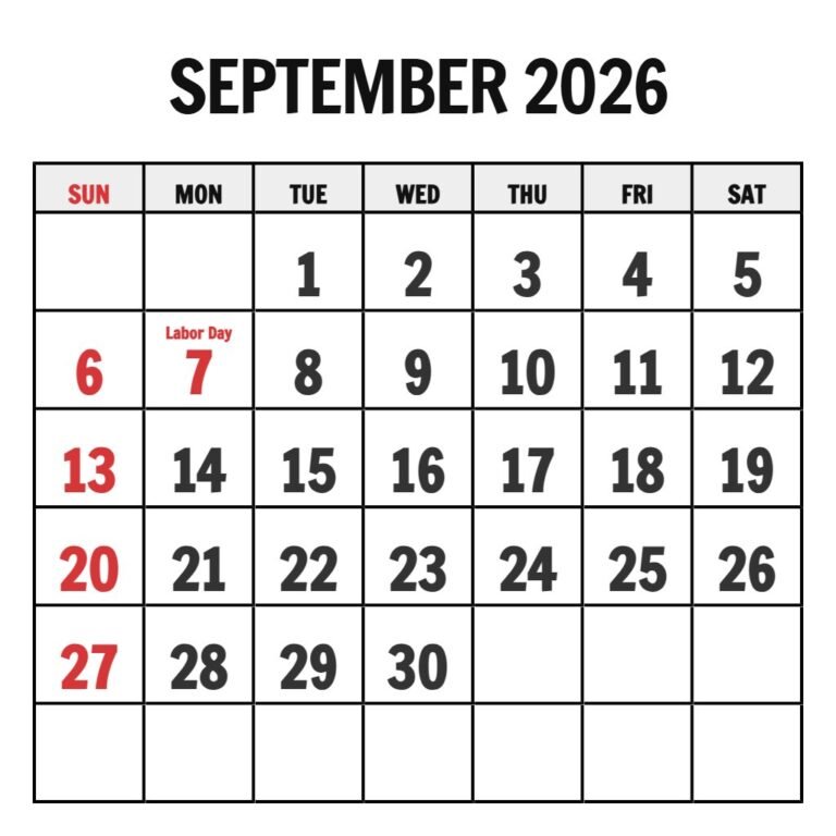 Printable Monthly Calendar September 2026 PDF Download