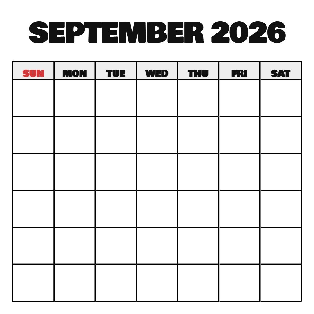 Printable Monthly Calendar September 2026 Blank PDF Download