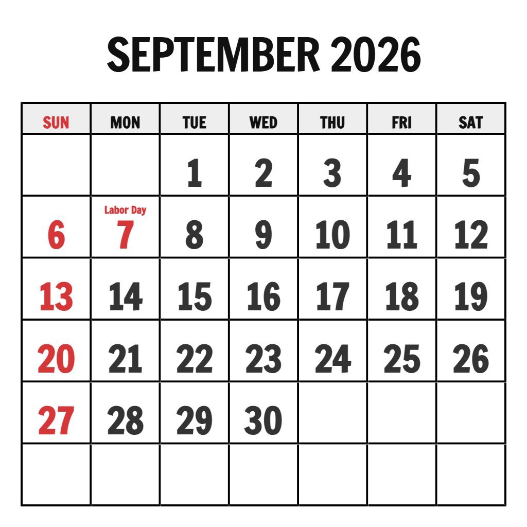 Printable Monthly Calendar September 2026 PDF Download