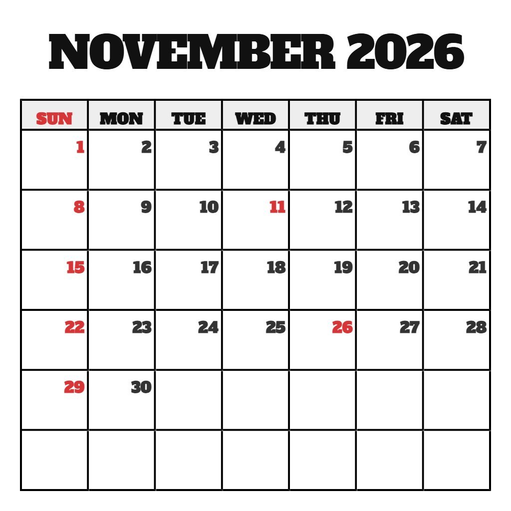 Custom Printable November 2026 Calendar Free Planning PDF Download