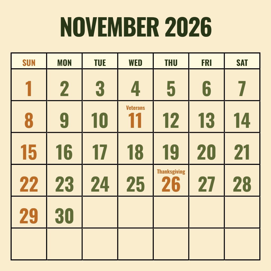 Cute Printable November 2026 Calendar Free Notes PDF Download