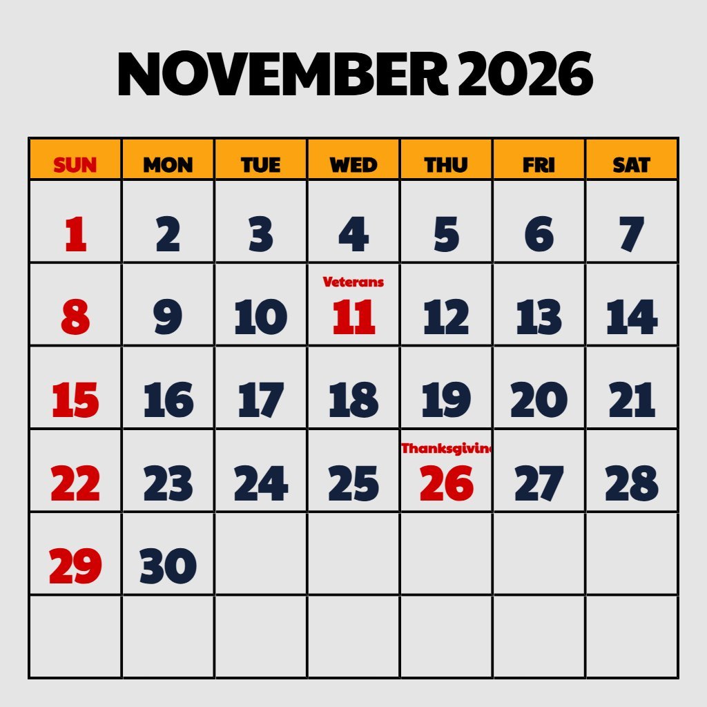 Custom Printable November 2026 Calendar Free Schedule PDF Download