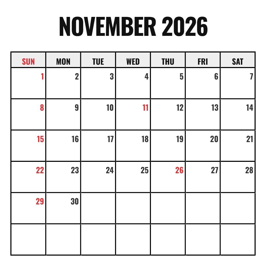 Custom Printable November 2026 Calendar Pdf Schedule PDF Download
