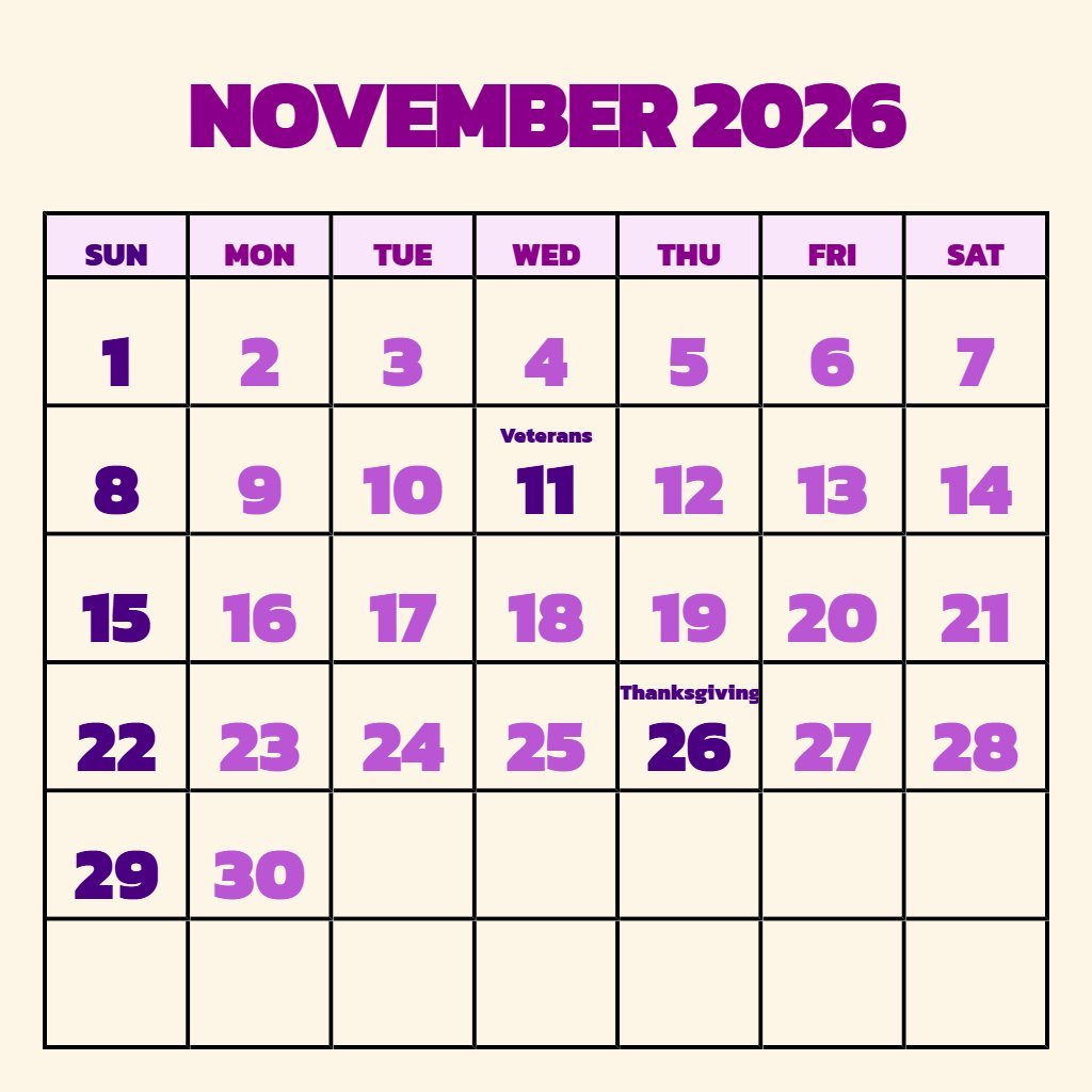 Cute Printable November 2026 Calendar Pdf Notes PDF Download