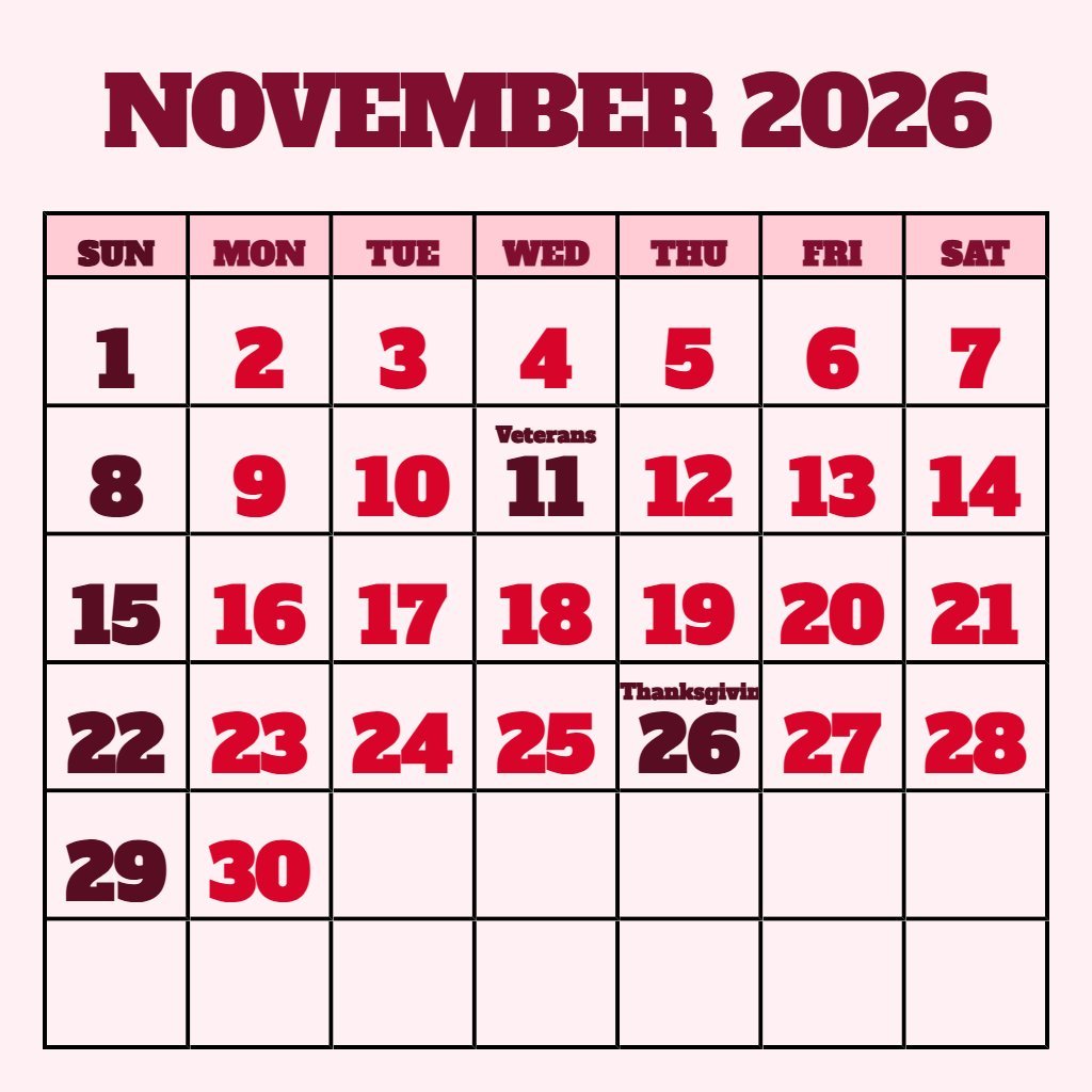 Custom Printable November 2026 Calendar With Holidays Planning PDF Download