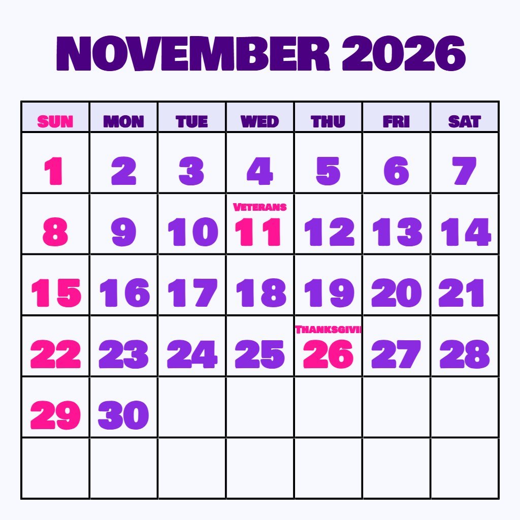 Cute Printable November 2026 Calendar With Holidays Notes PDF Download