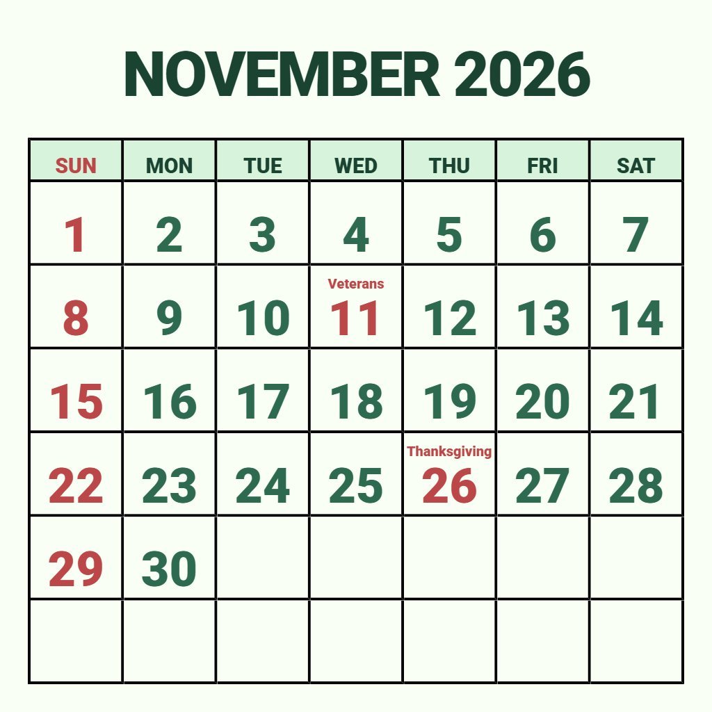 Cute Printable November Calendar 2026 Free Planning PDF Download
