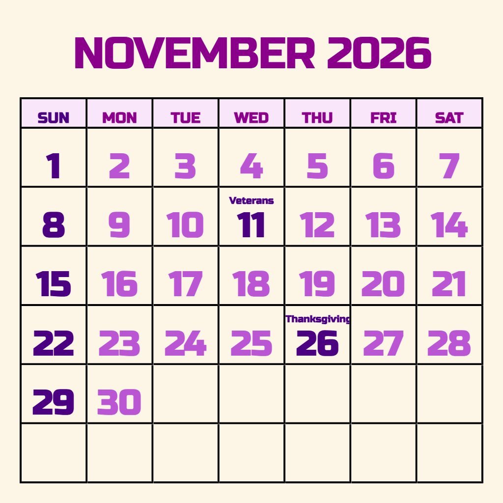 Free Printable November Calendar 2026 Free Schedule PDF Download