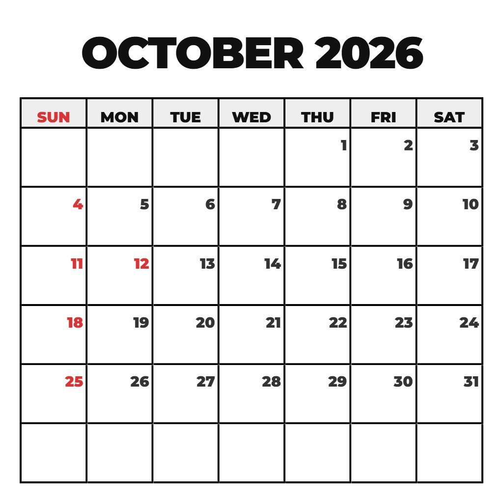 Custom Printable October 2026 Calendar Free Wallpaper PDF Download