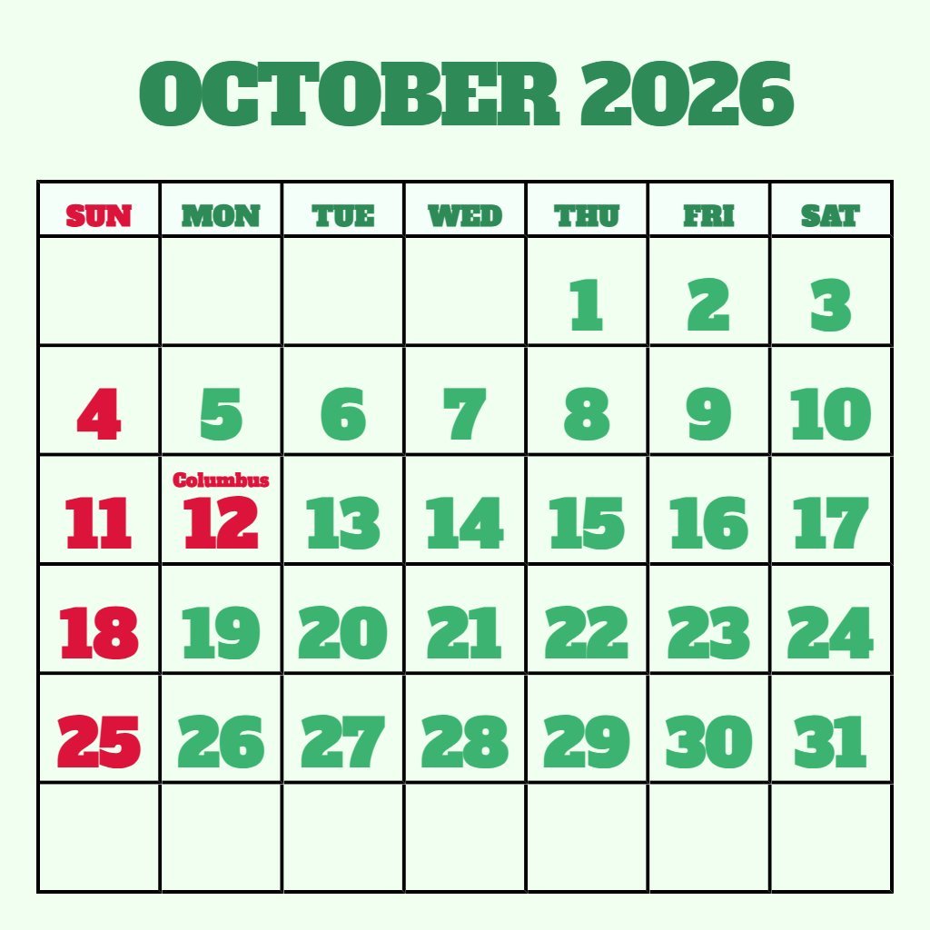Free Printable October 2026 Calendar Free Planning PDF Download