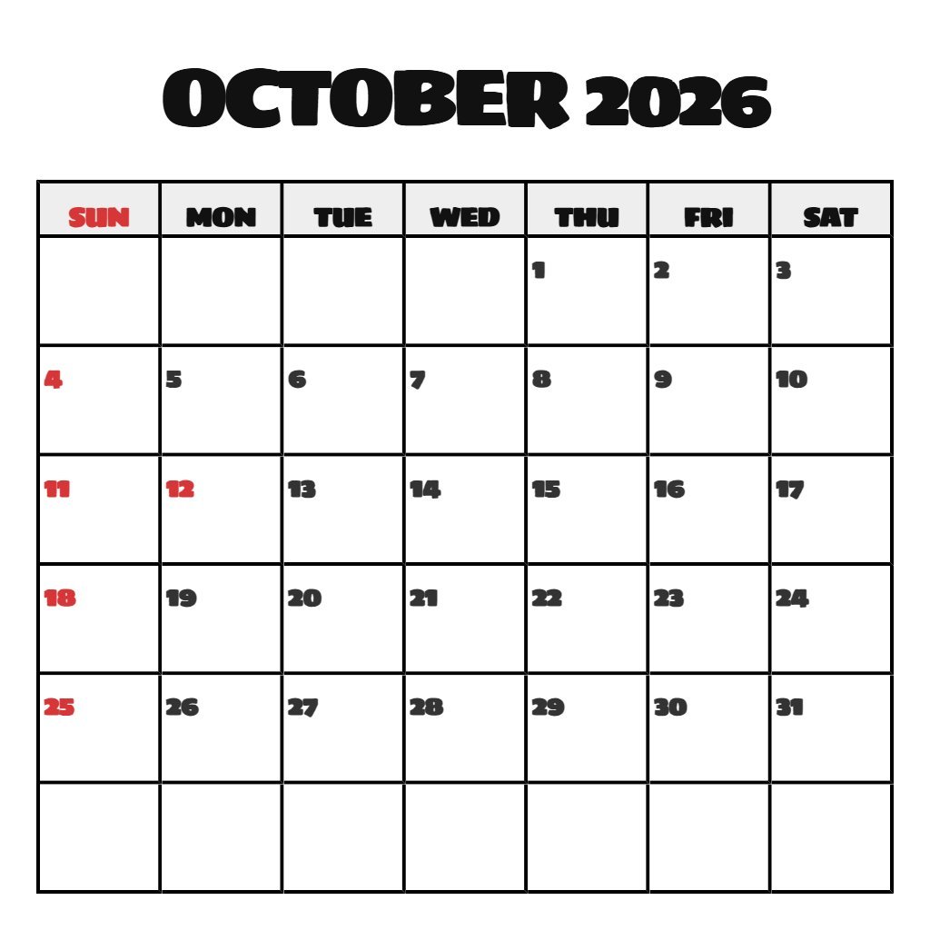 Free Printable October Monthly Calendar 2026 Schedule PDF Download