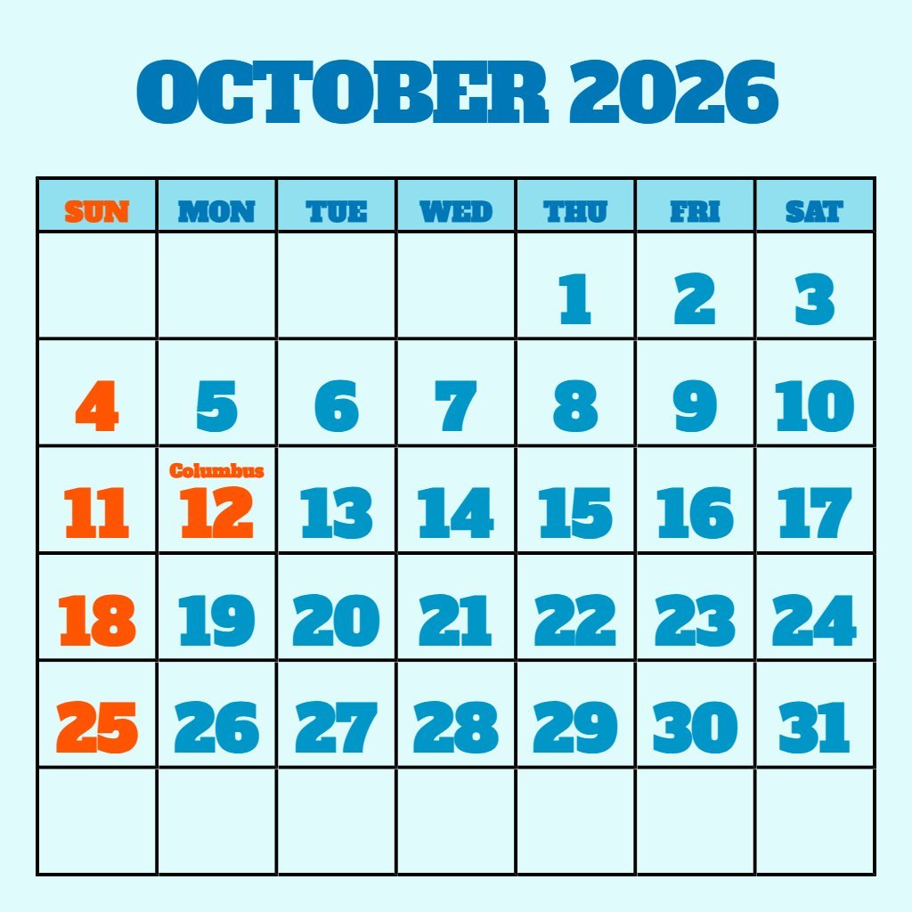 Cute Printable October Monthly Calendar 2026 Planning PDF Download