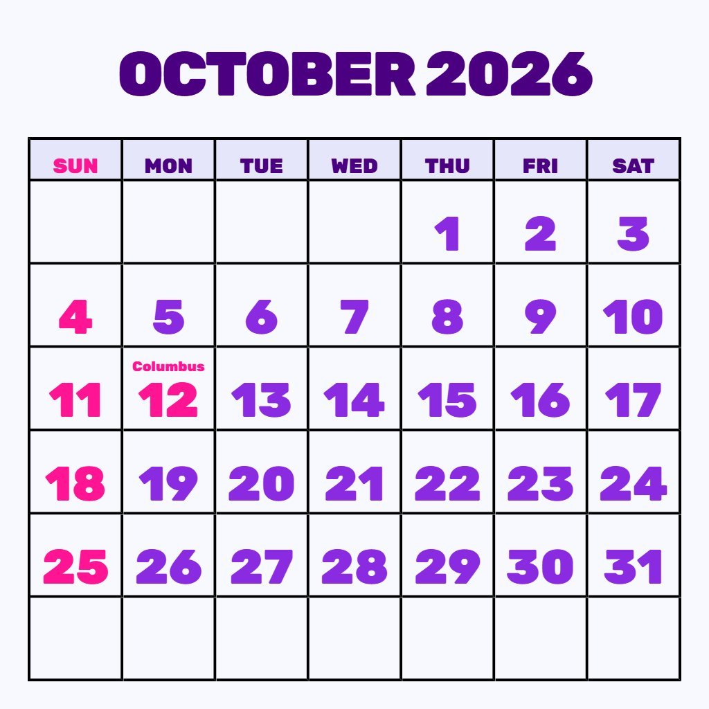 Custom Printable October Monthly Calendar 2026 Schedule PDF Download