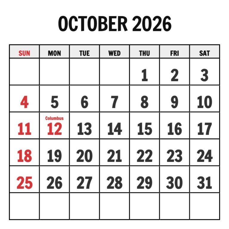 Printable October Monthly Calendar 2026 PDF Download