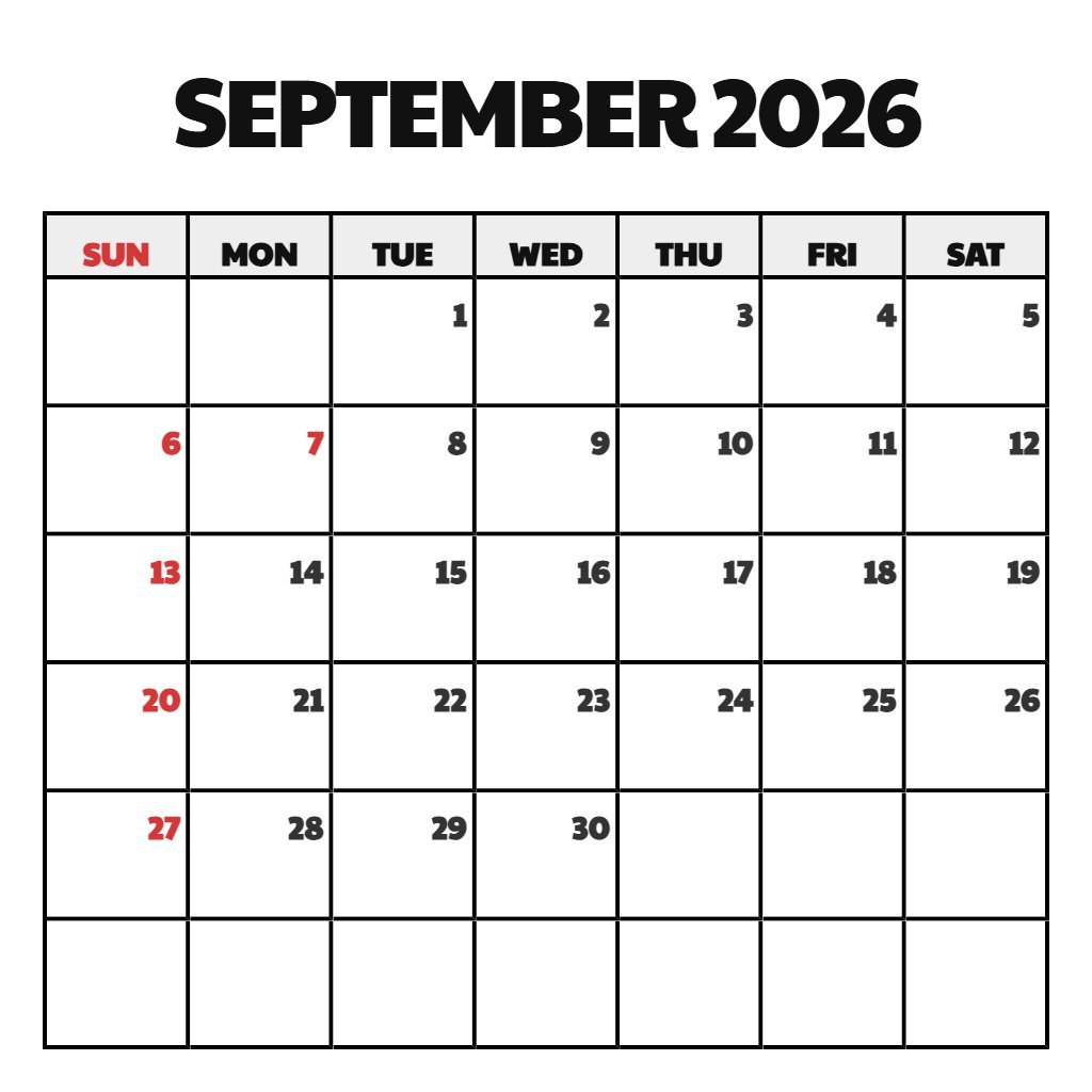 Cute Printable September 2026 Calendar Free Notes PDF Download