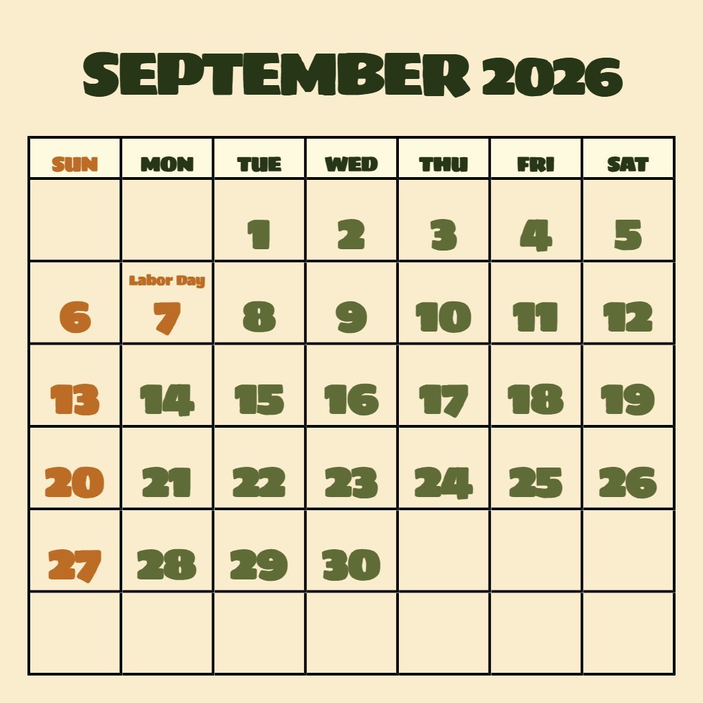 Cute Printable September 2026 Calendar Free Planning PDF Download