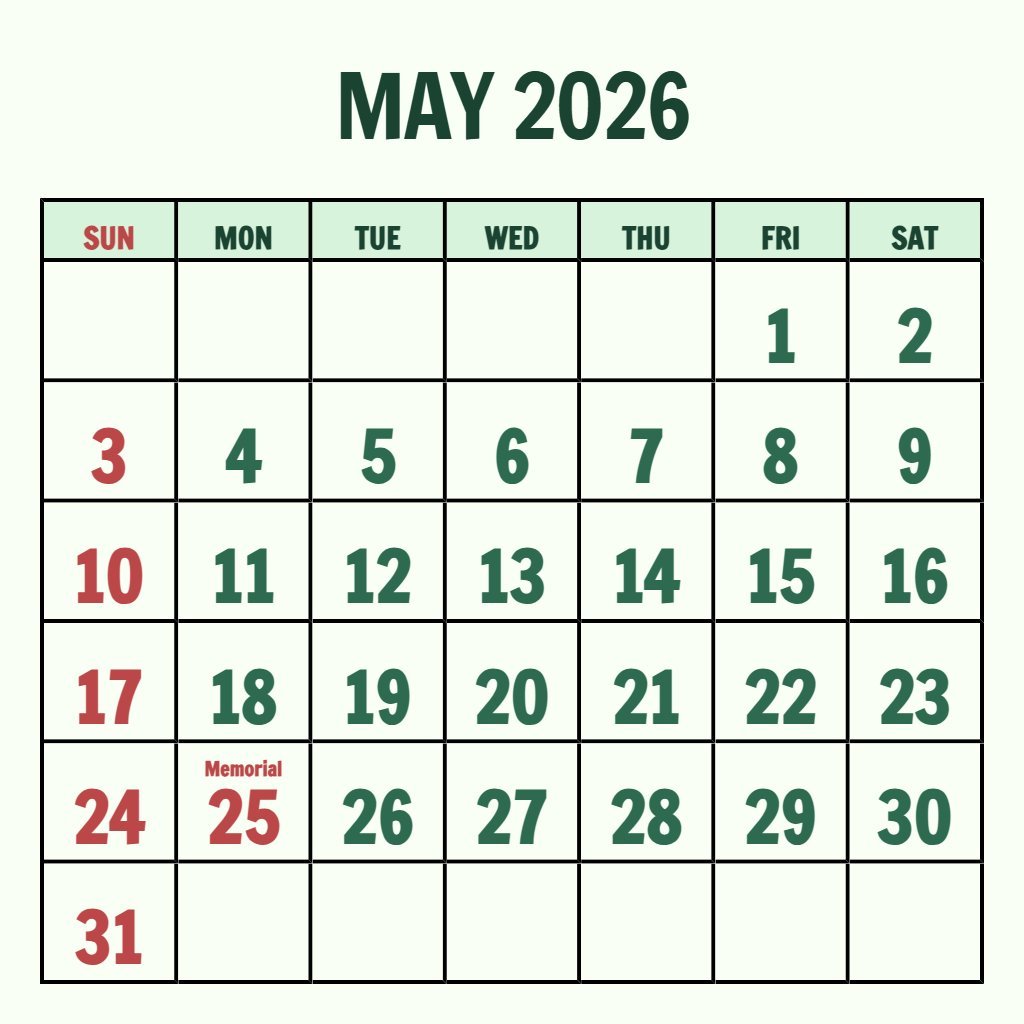 Cute Printable Tree Free Printable May 2026 Calendar Planning PDF Download