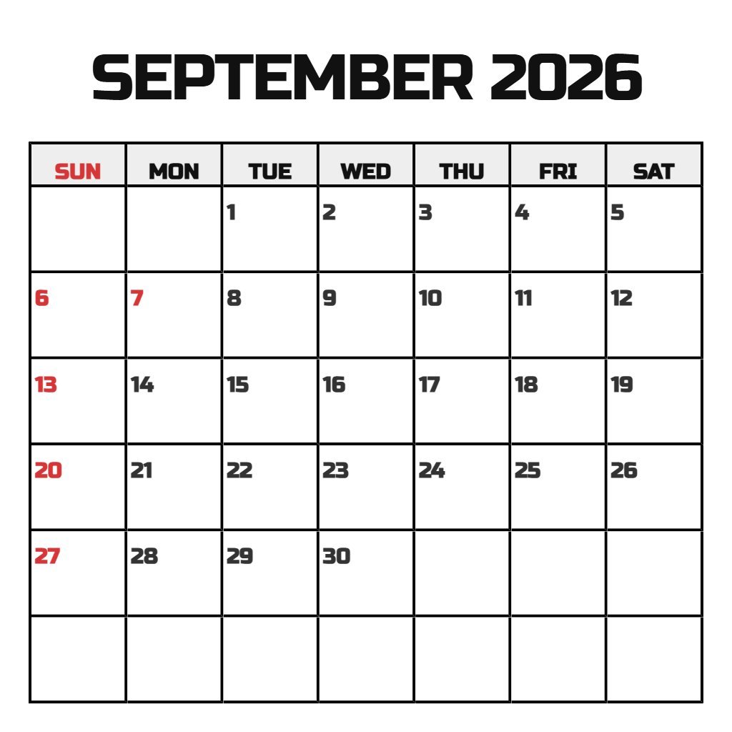 Cute September 2026 Blank Calendar Printable Free Notes PDF Download