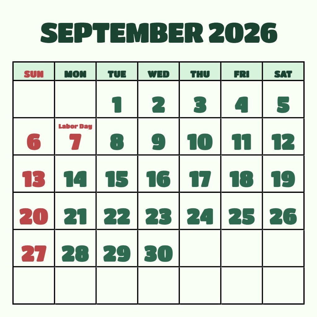 Custom September 2026 Blank Calendar Printable Free Schedule PDF Download