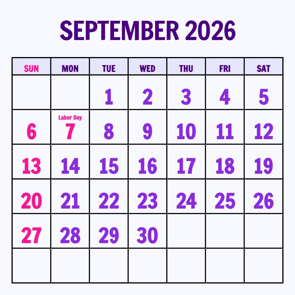 Custom September 2026 Monthly Calendar Printable Schedule PDF Download