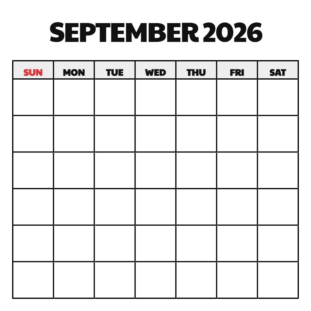 September 2026 Monthly Calendar Printable Blank PDF Download