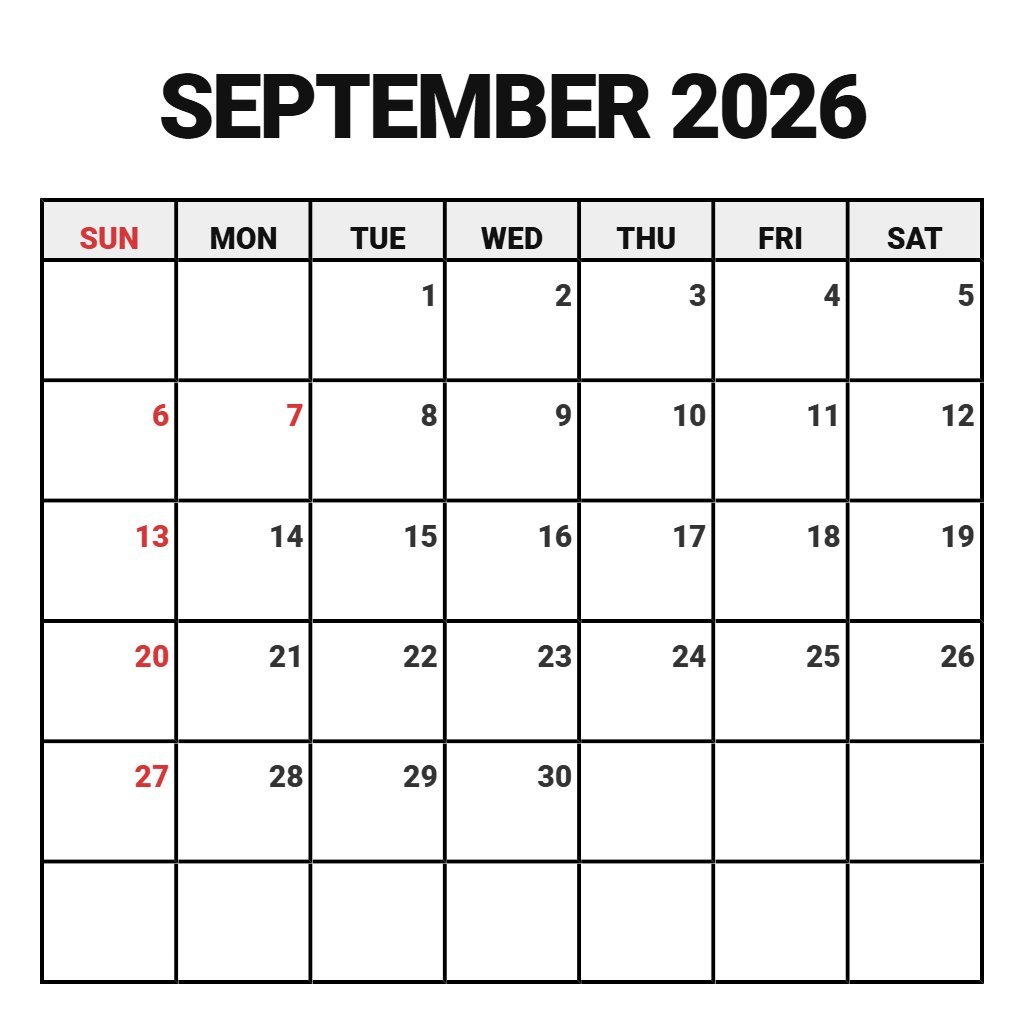 Free September Calendar 2026 Free Printable Schedule PDF Download